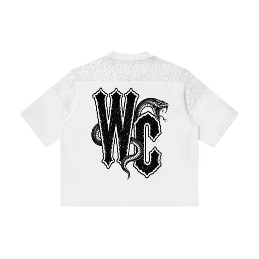 White Lace Paneling V-Neck T-Shirt