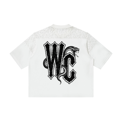 White Lace Paneling V-Neck T-Shirt