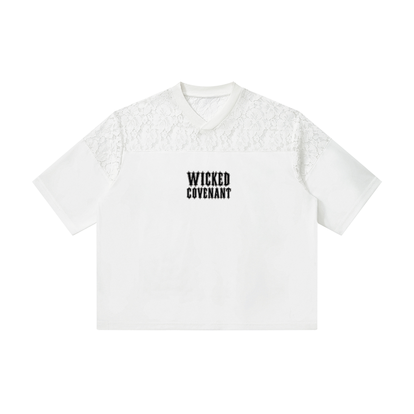 White Lace Paneling V-Neck T-Shirt