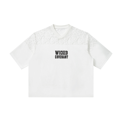 White Lace Paneling V-Neck T-Shirt