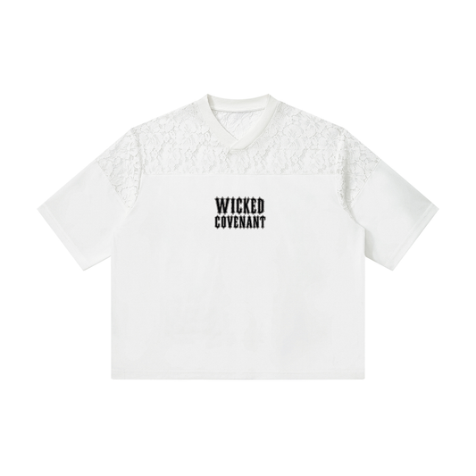 White Lace Paneling V-Neck T-Shirt